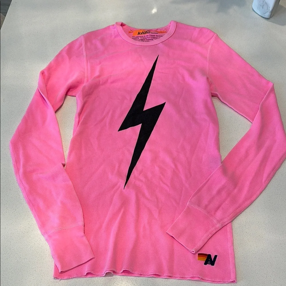 Aviator Nation Pink Long Sleeve Tee with Black Lightning Bolt - Picture 3 of 6